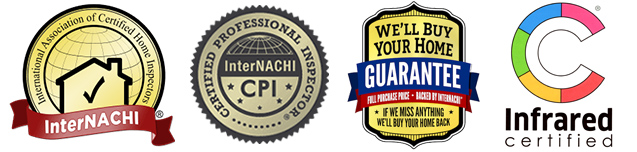 International Association of Certified Home Inspectors (InterNACHI logo, InterNACHI Certified Professional Inspectors (CPI) logo, We'll But Home Inspector - Your Home Guarantee logo (InterNACHI Buyback), and Infrared Certified 